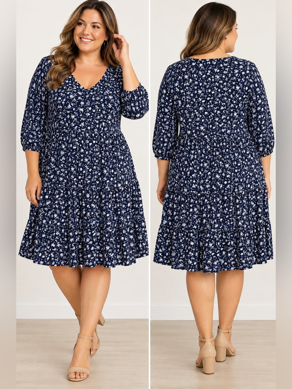Kaleigh Navy Blue Floral Tiered Dress Size 2X V-Neck 3/4 Sleeve